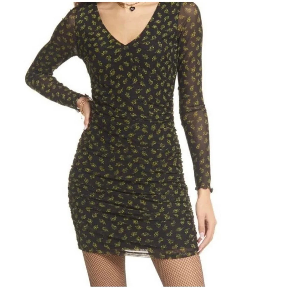 BP. Women's Mini Dress, M, Black and Yellow Floral Ruched